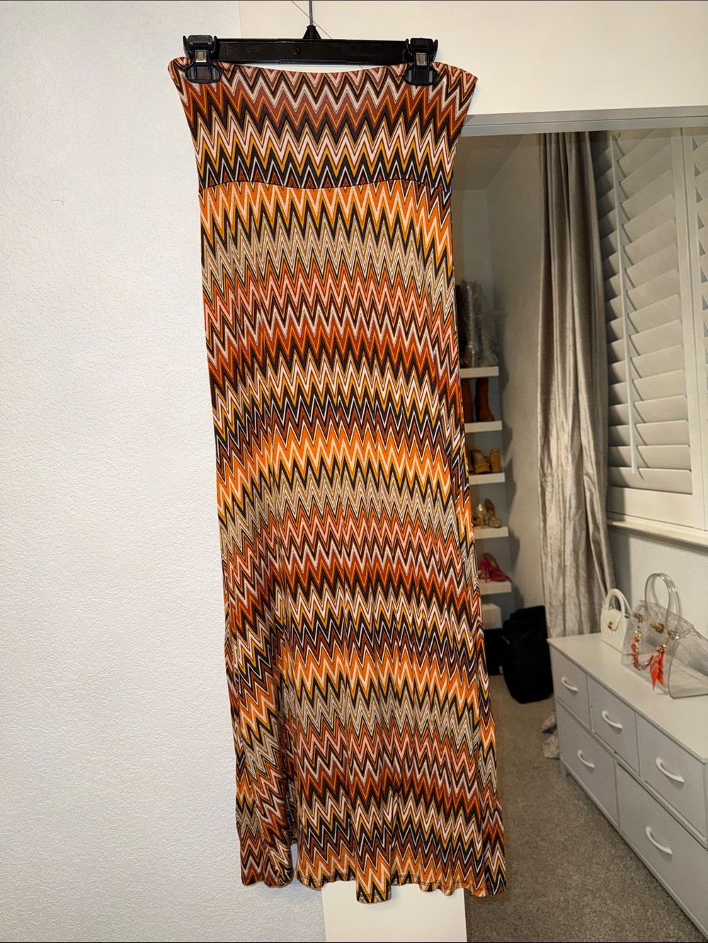 Chevron Print Maxi Skirt in Orange and Brown